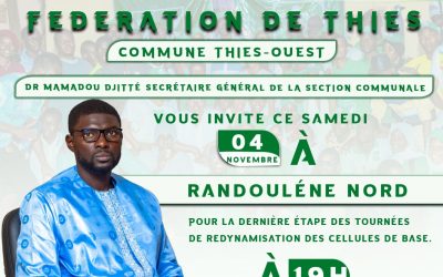 Dr Mamadou DJITTE, Maire de Commune de Thiès-Ouest et Secrétaire général de la section communale du parti PUR effectuera une visite de redynamisation à Randouléne Nord ce samedi 04 novembre, à 19 h